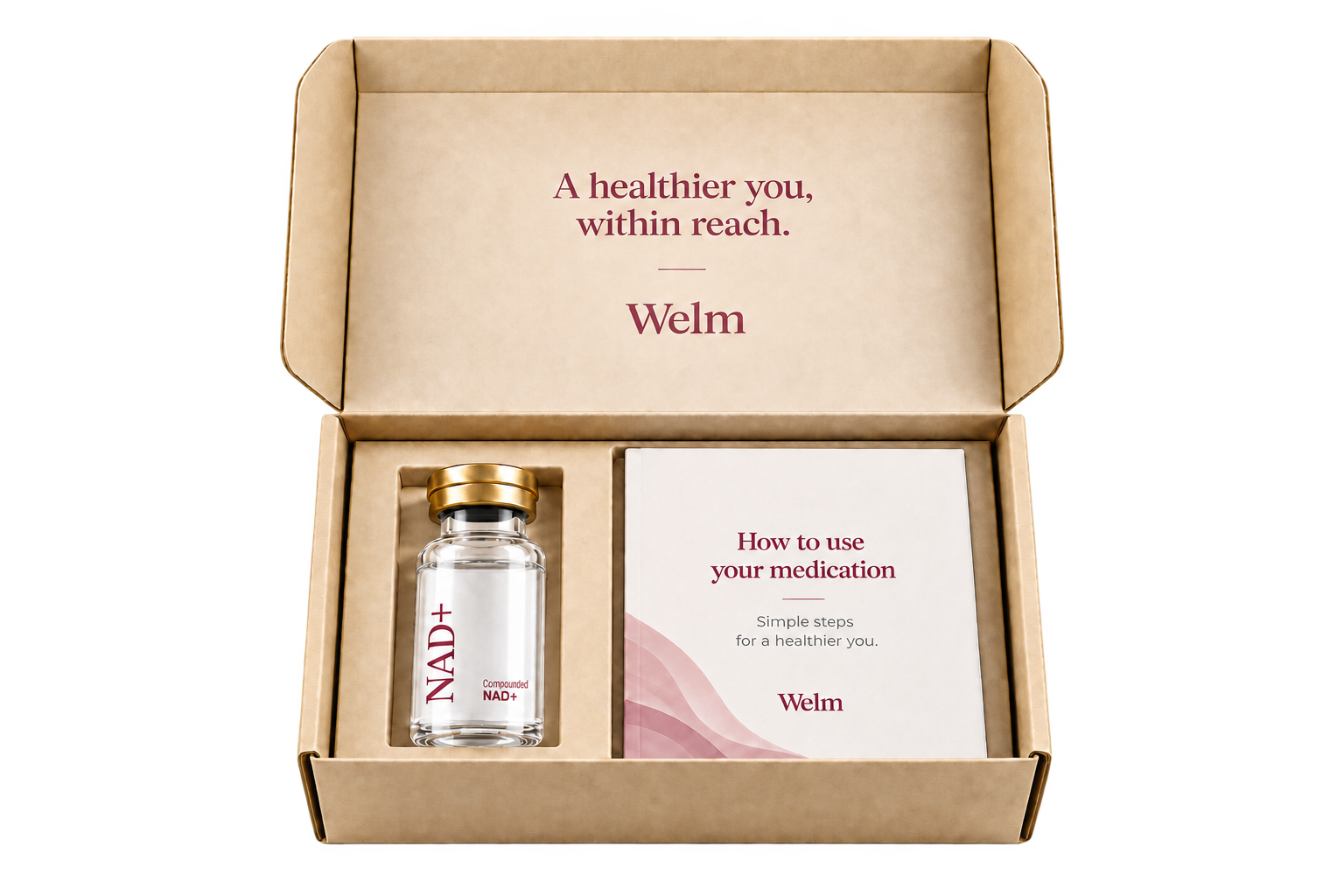 Welm box containing a NAD+ vial and medication instructions on a plain cream background