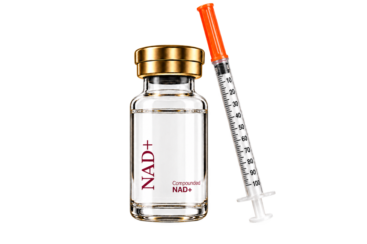 A vial labeled Compounded NAD+ beside a capped syringe on a plain cream background