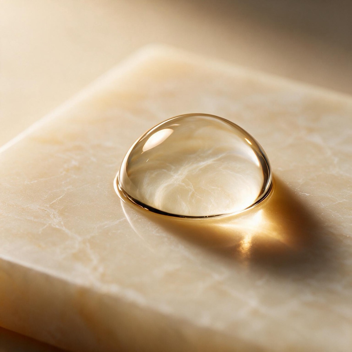 A single clear droplet resting on pale stone