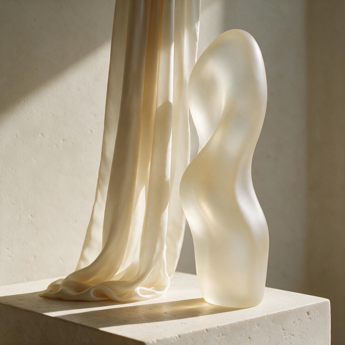 A pale sculptural form with a draped, muscular contour