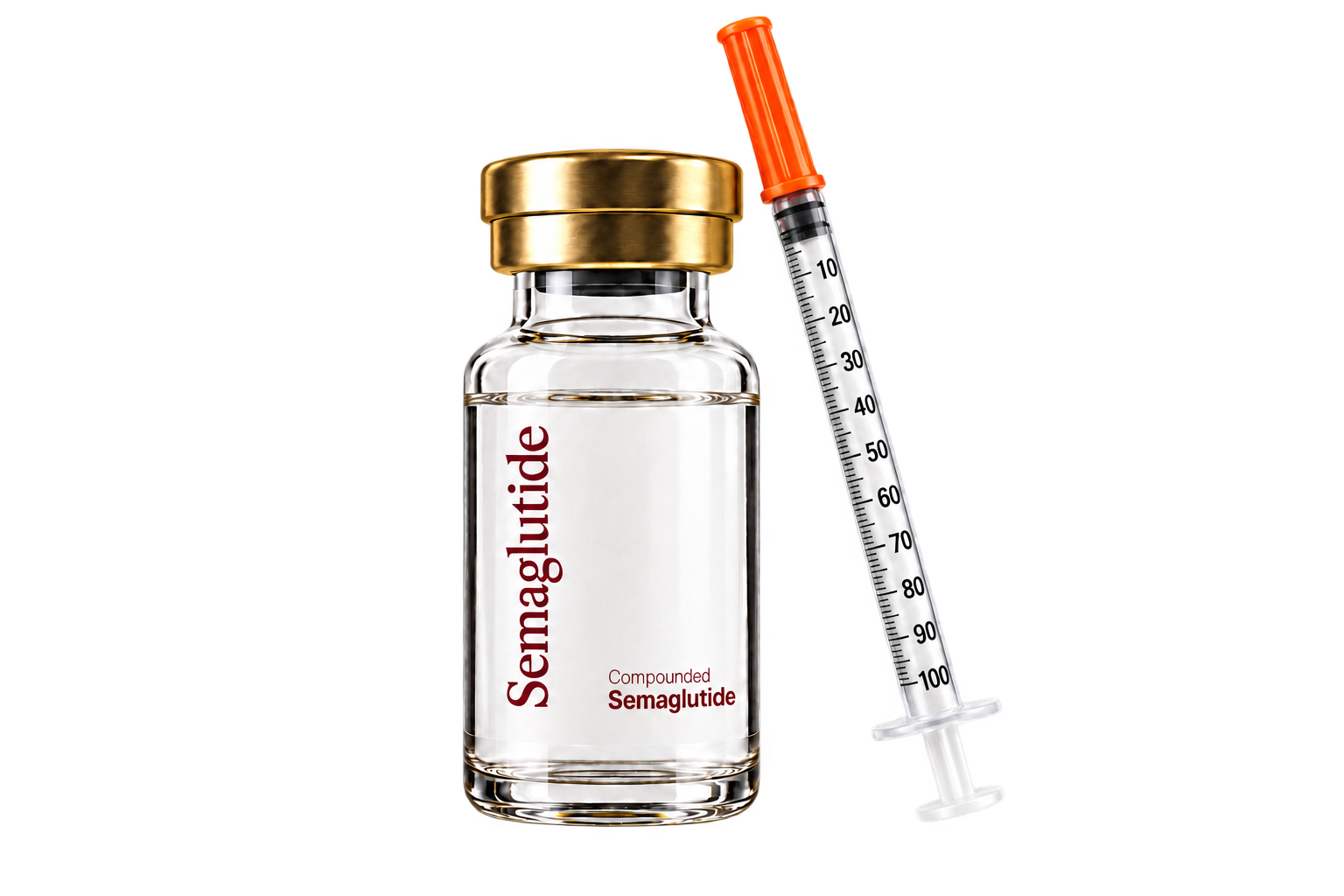 A vial labeled Compounded Semaglutide beside a capped syringe on a plain cream background