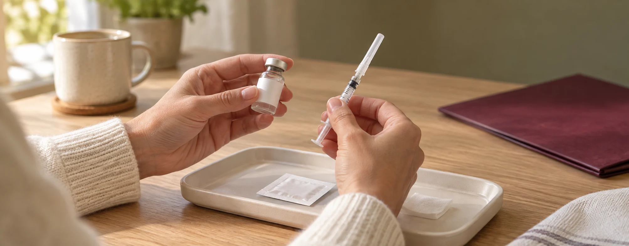 Illustration of a patient preparing a medication vial and capped syringe