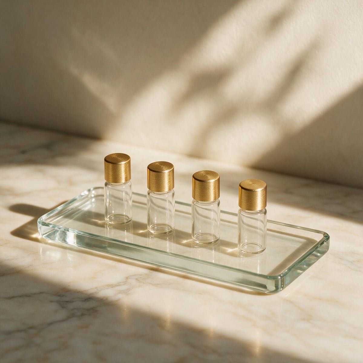 Four glass sample vials on a tray in raking daylight