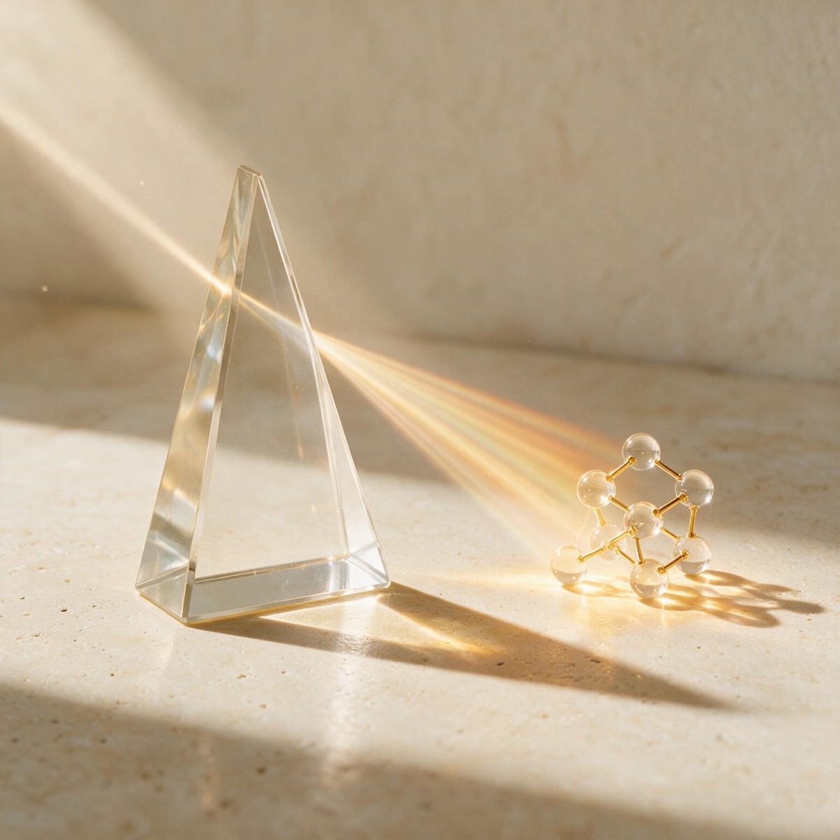 A prism splitting light across a cream surface