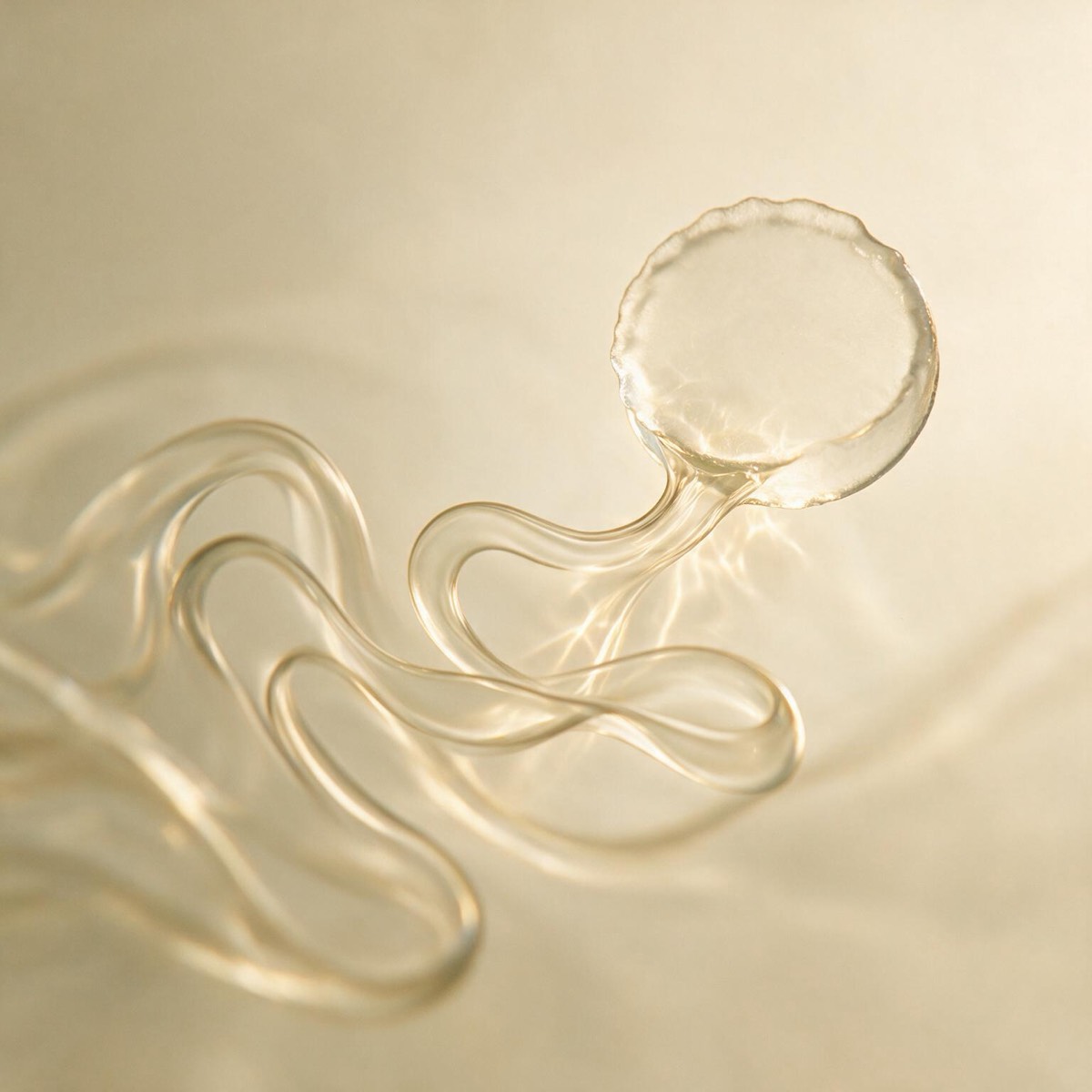 A clear ribbon of liquid uncoiling against cream