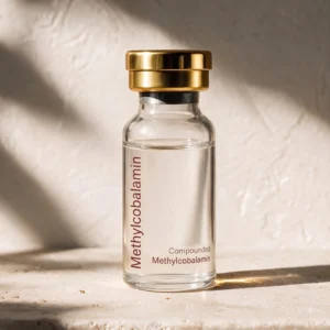 Compounded Methylcobalamin B12 in a clear glass vial with a gold cap