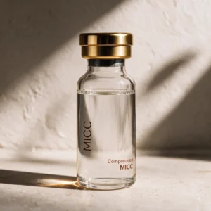 Compounded MICC in a clear glass vial with a gold cap