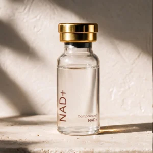 Compounded NAD+ in a clear glass vial with a gold cap