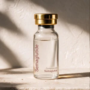 Compounded Semaglutide in a clear glass vial with a gold cap