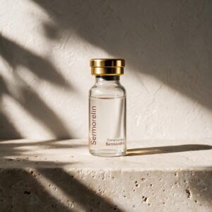 A clear glass vial of compounded Sermorelin with a gold cap, standing on travertine stone in daylight