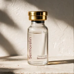Compounded Sermorelin in a clear glass vial with a gold cap