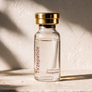 Compounded Tirzepatide in a clear glass vial with a gold cap