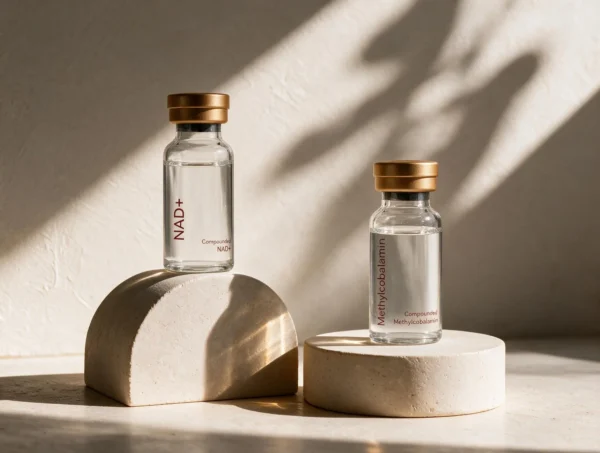 Compounded NAD+ and Methylcobalamin vials on stone plinths